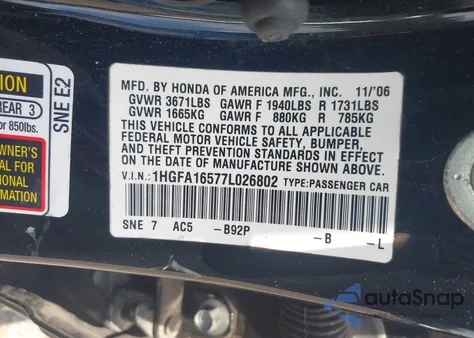 2007 Honda Civic Lx z USA, uszkodzony, nr VIN 1HGFA16577L026802